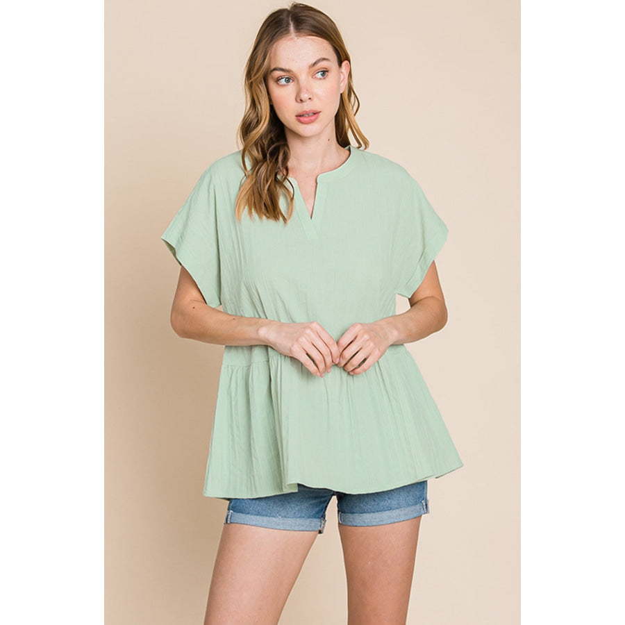 Cotton Bleu by Nu Lab Ruched Notched Short Sleeve Blouse Apparel and Accessories