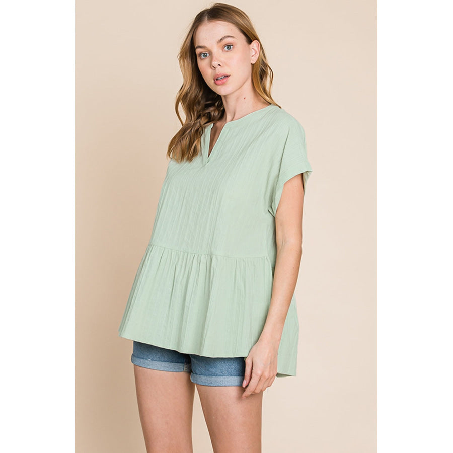 Cotton Bleu by Nu Lab Ruched Notched Short Sleeve Blouse Sage / S Apparel and Accessories