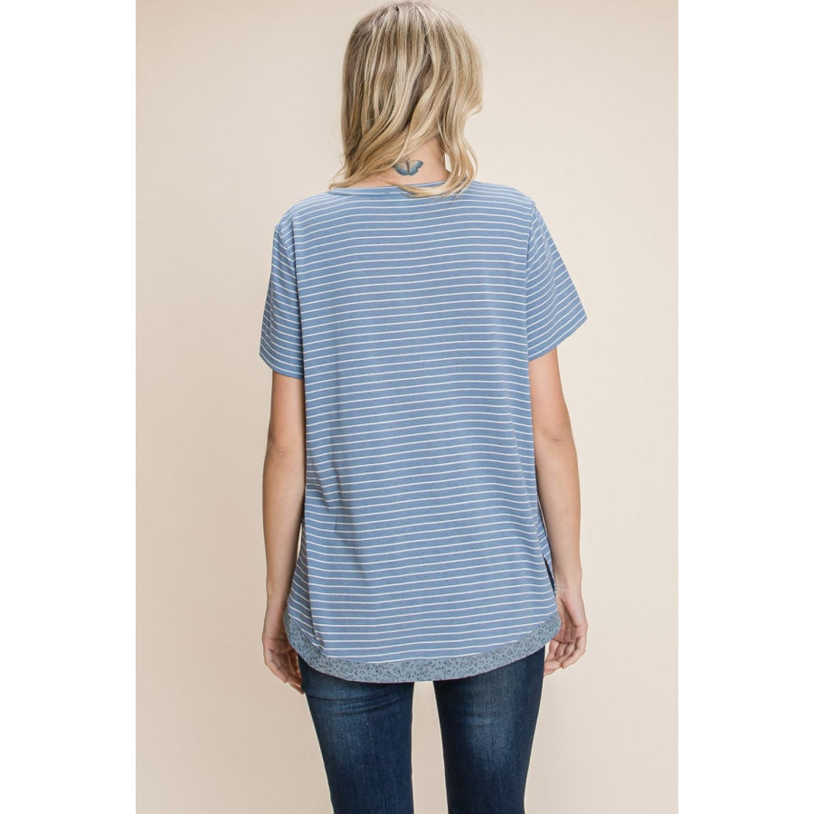 Cotton Bleu by Nu Lab Slit Striped Notched Short Sleeve T-Shirt Apparel and Accessories