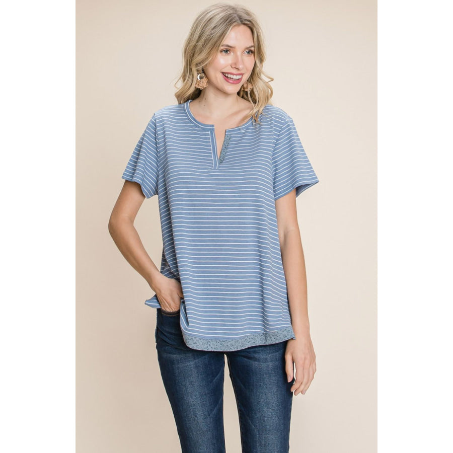 Cotton Bleu by Nu Lab Slit Striped Notched Short Sleeve T-Shirt Apparel and Accessories