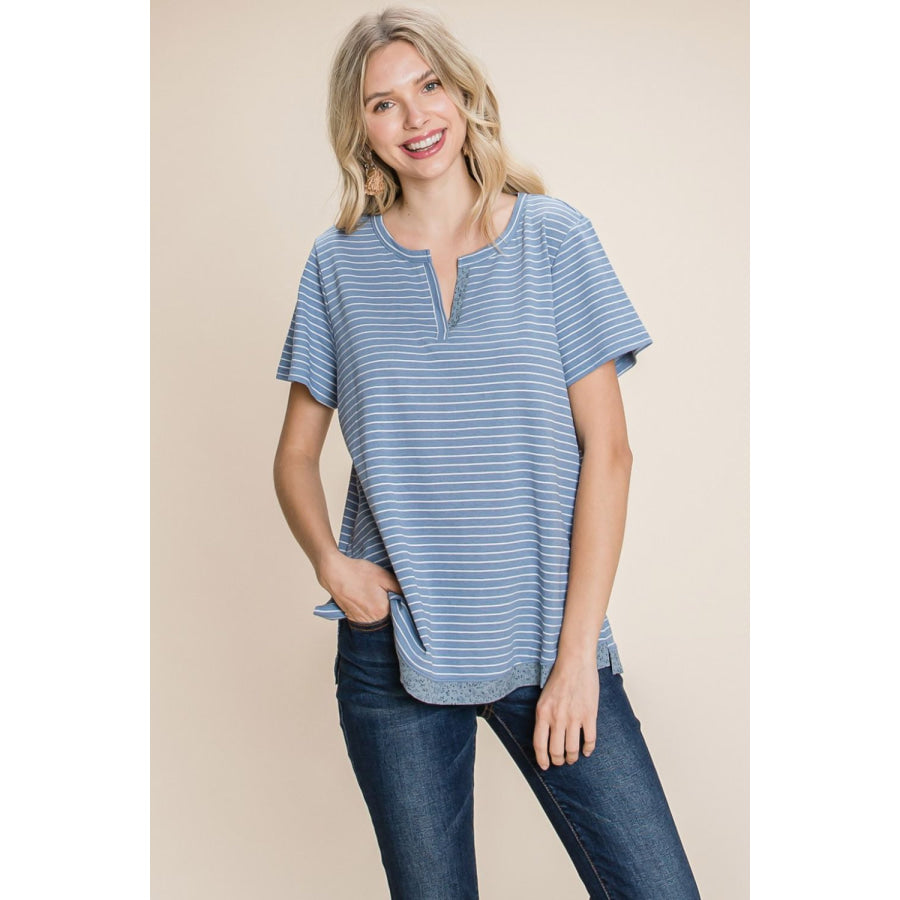 Cotton Bleu by Nu Lab Slit Striped Notched Short Sleeve T-Shirt Denim / S Apparel and Accessories