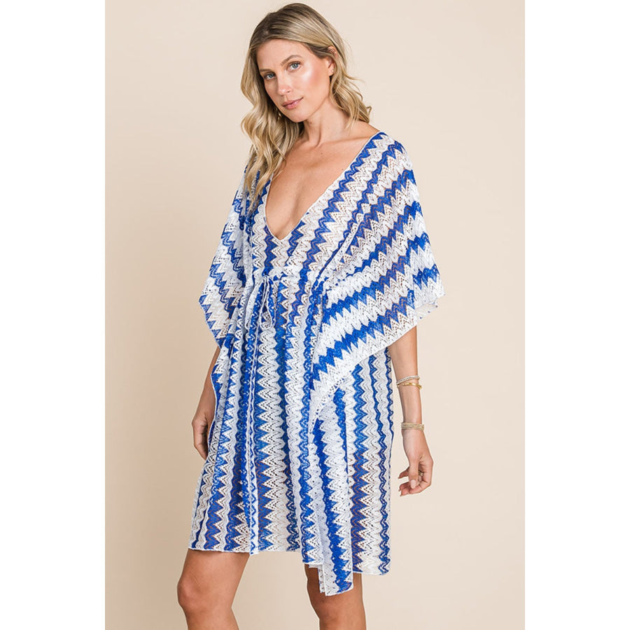 Cotton Bleu by Nu Lab Tied Striped Plunge Half Sleeve Cover-Up Apparel and Accessories