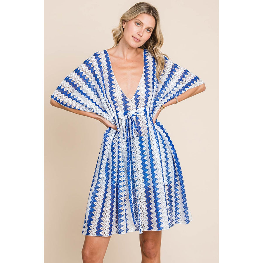 Cotton Bleu by Nu Lab Tied Striped Plunge Half Sleeve Cover-Up Royal Blue / S Apparel and Accessories