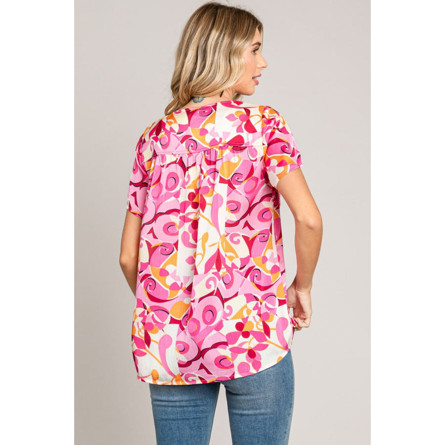 Cotton Bleu by Nu Label Abstract Print Short Sleeve Top Pink / S Apparel and Accessories