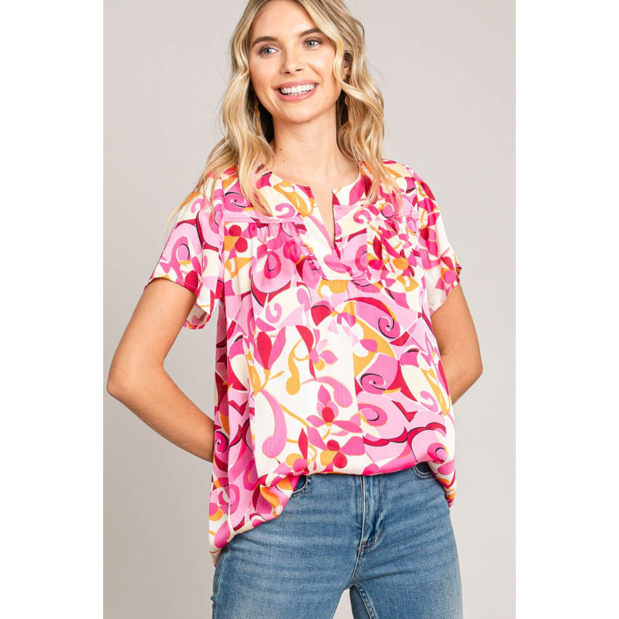 Cotton Bleu by Nu Label Abstract Print Short Sleeve Top Pink / S Apparel and Accessories