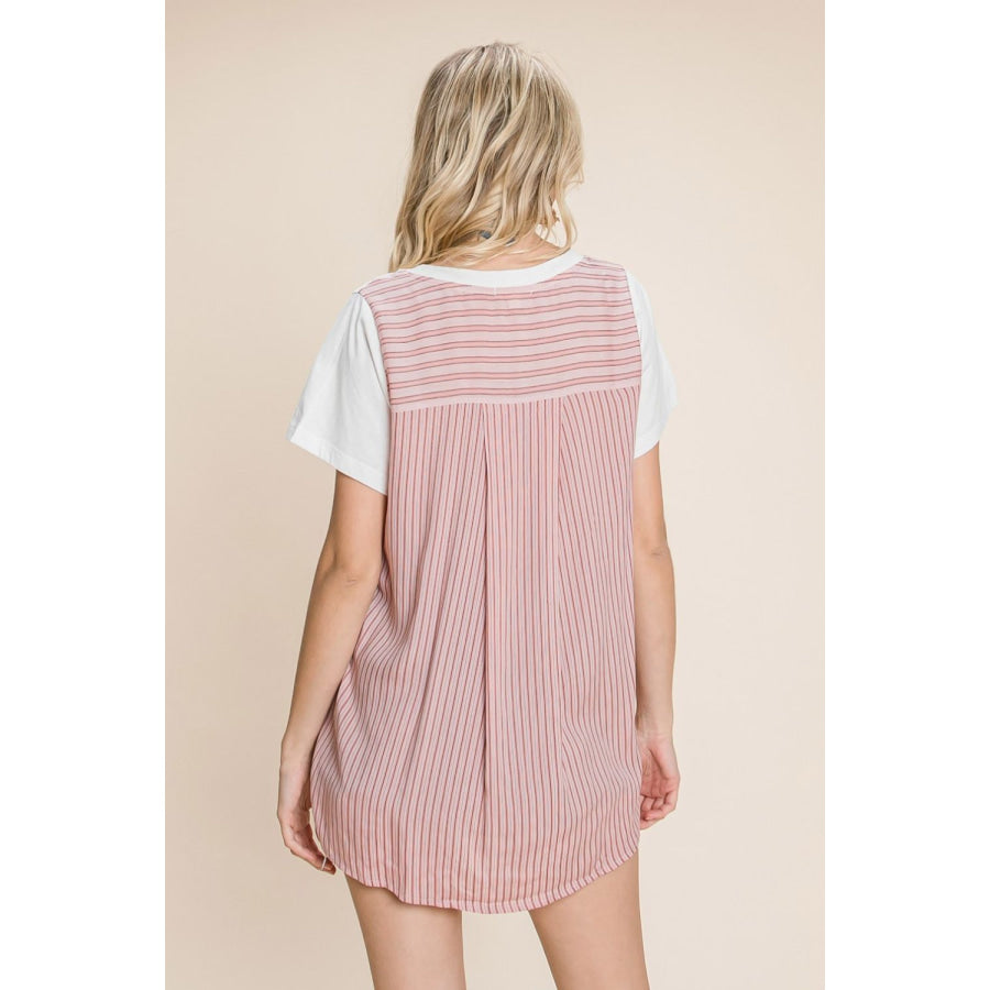 Cotton Bleu by Nu Label Contrast Striped Short Sleeve T-Shirt Berry / S Apparel and Accessories