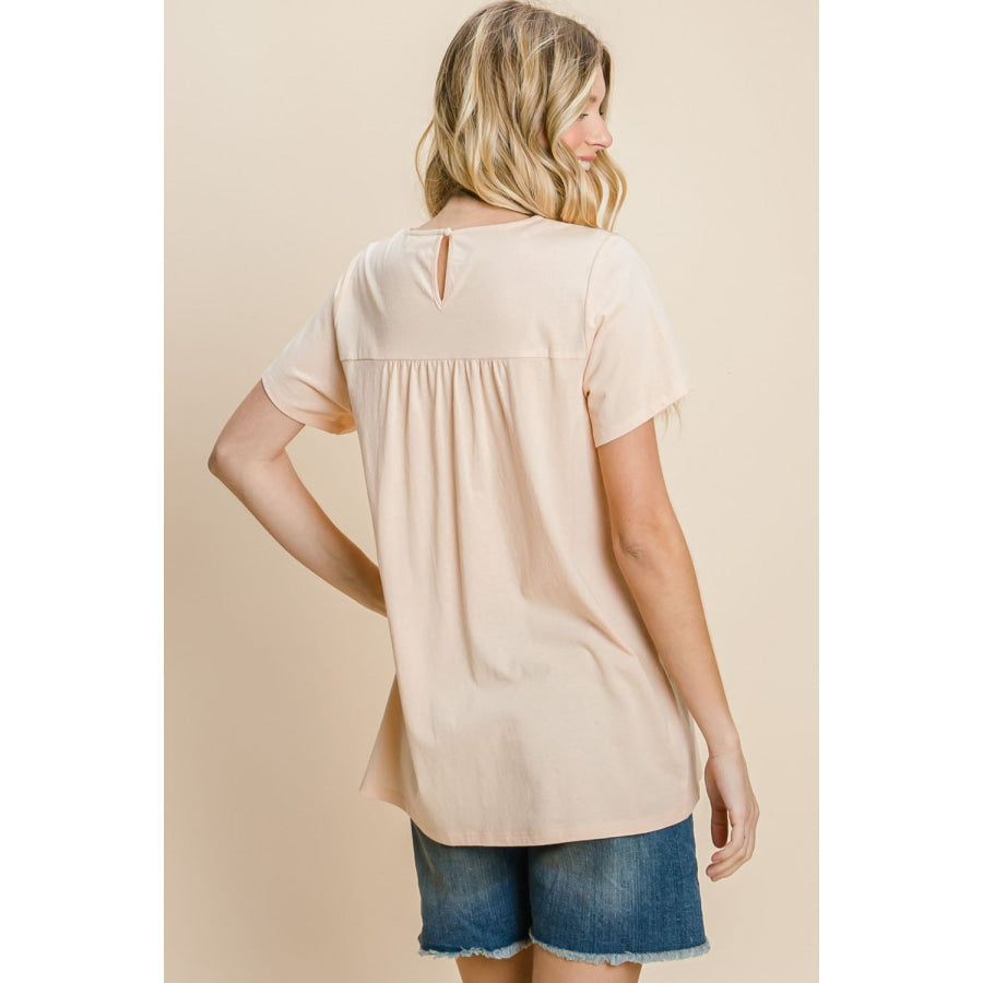 Cotton Bleu by Nu Label Eyelet Round Neck Short Sleeve T-Shirt Peach / S Apparel and Accessories