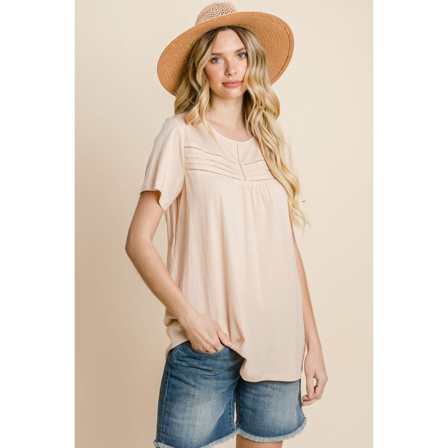 Cotton Bleu by Nu Label Eyelet Round Neck Short Sleeve T-Shirt Peach / S Apparel and Accessories