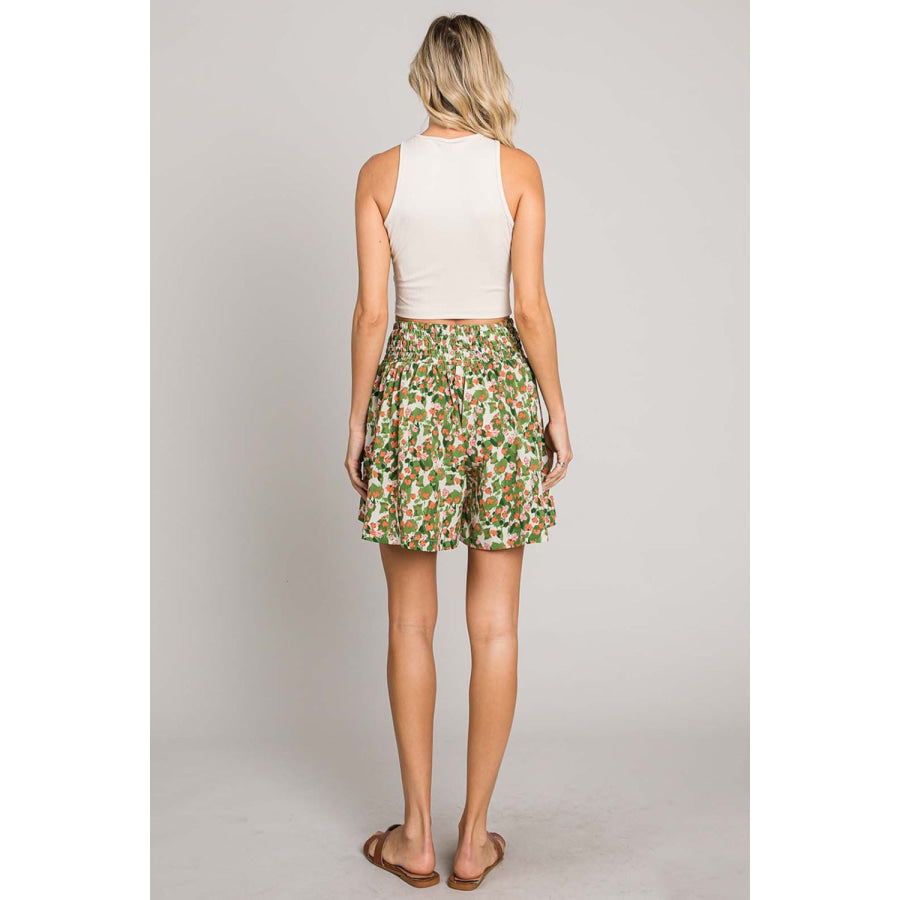 Cotton Bleu by Nu Label Floral Printed Smocked Waist Skorts Green / S Apparel and Accessories