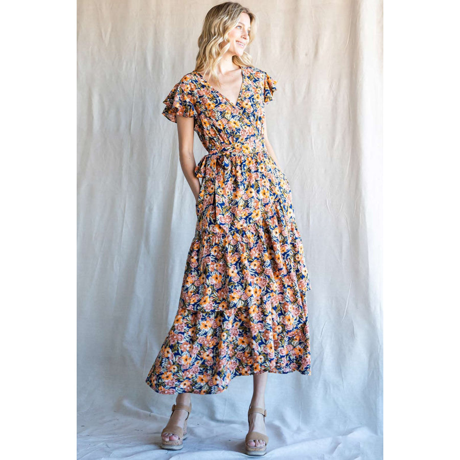 Cotton Bleu by Nu Label Floral Ruffled Midi Dress Navy / S Apparel and Accessories