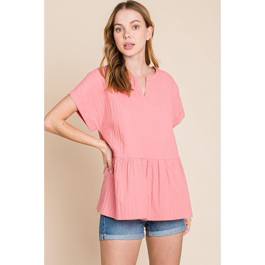 Cotton Bleu by Nu Label Notched Short Sleeve Peplum Top Apparel and Accessories