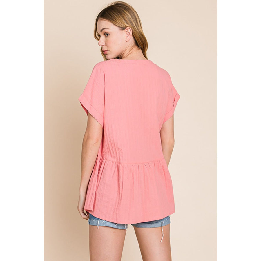 Cotton Bleu by Nu Label Notched Short Sleeve Peplum Top Apparel and Accessories