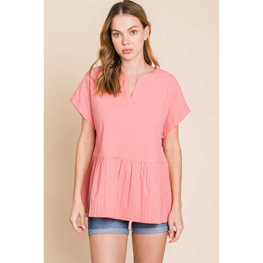 Cotton Bleu by Nu Label Notched Short Sleeve Peplum Top Coral / S Apparel and Accessories