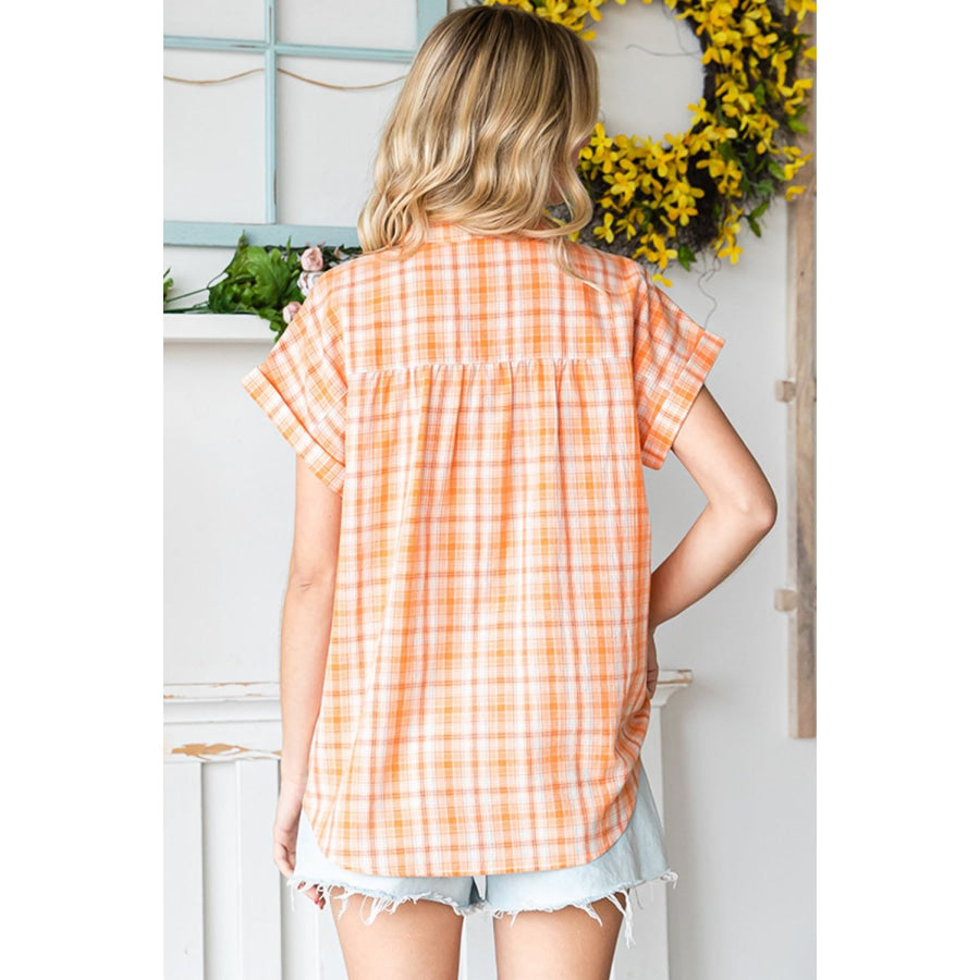 Cotton Bleu by Nu Label Plaid Button Up Short Sleeve Shirt Orange / S Apparel and Accessories