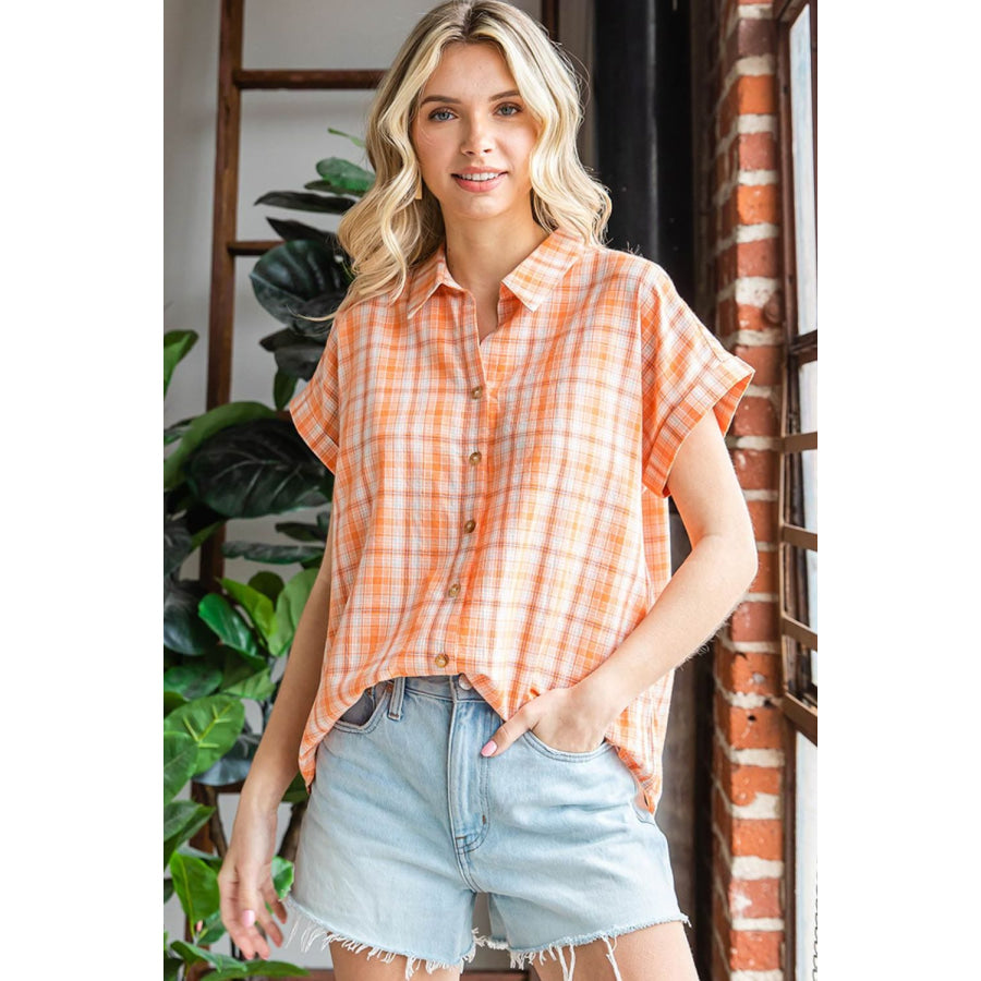 Cotton Bleu by Nu Label Plaid Button Up Short Sleeve Shirt Orange / S Apparel and Accessories