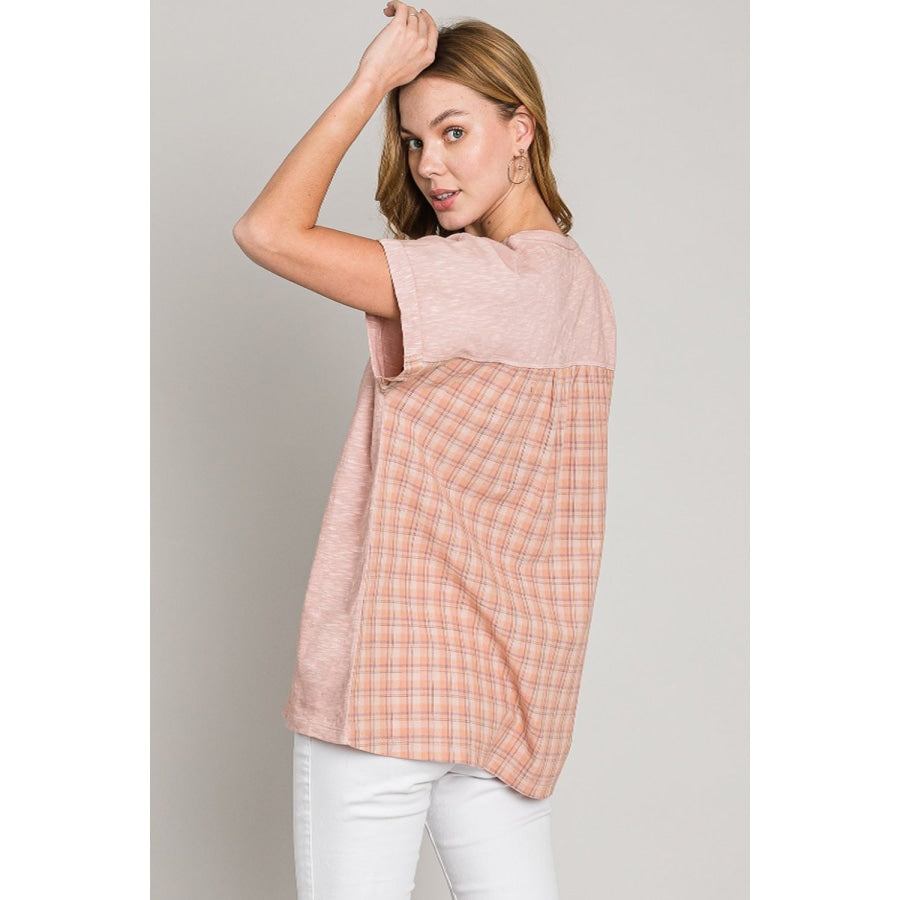 Cotton Bleu by Nu Label Plaid Short Sleeve T-Shirt Mauve / S Apparel and Accessories