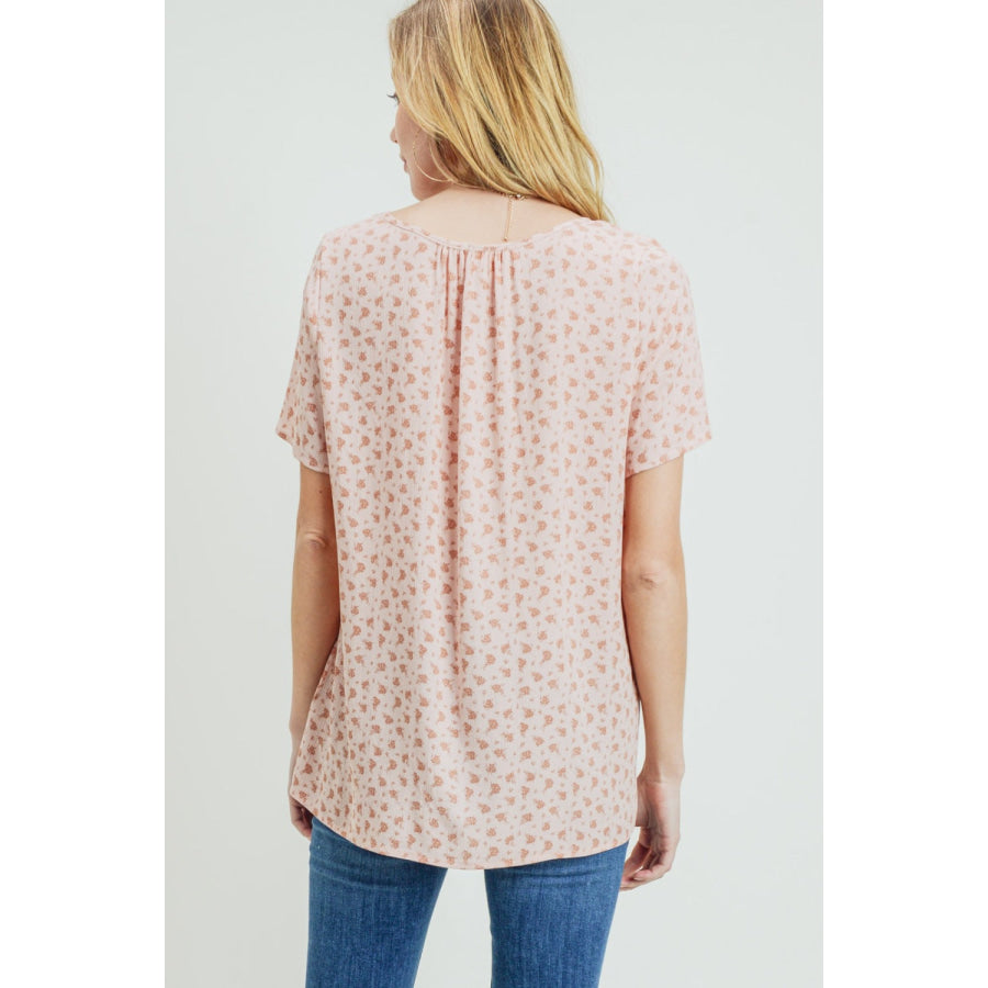 Cotton Bleu by Nu Label Printed V-Neck Short Sleeve T-Shirt Peach / S Apparel and Accessories