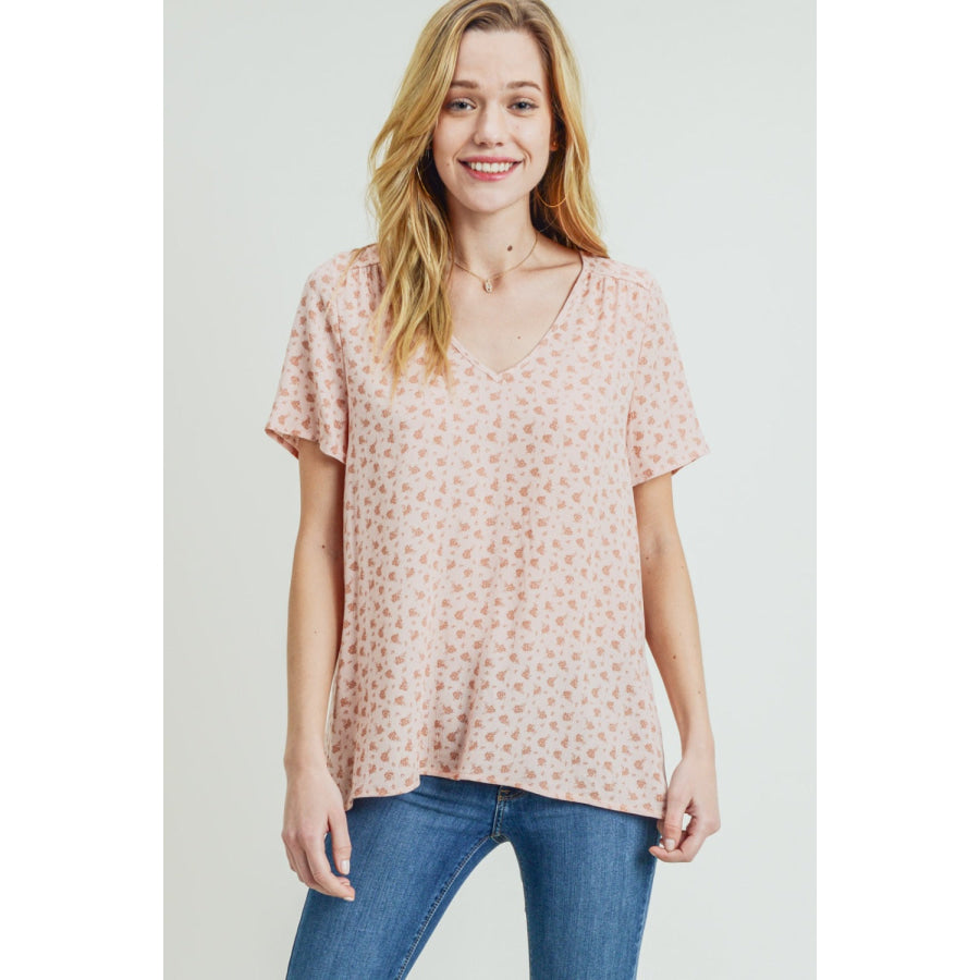 Cotton Bleu by Nu Label Printed V-Neck Short Sleeve T-Shirt Peach / S Apparel and Accessories