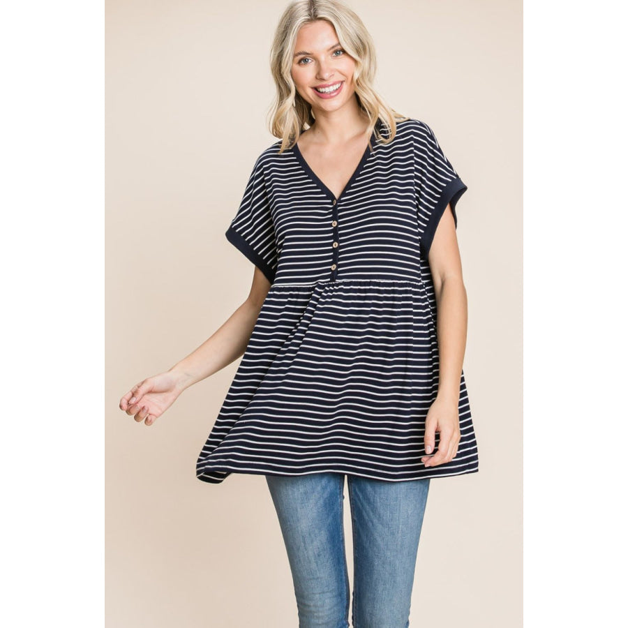 Cotton Bleu by Nu Label Striped Button Front Baby Doll Top Apparel and Accessories