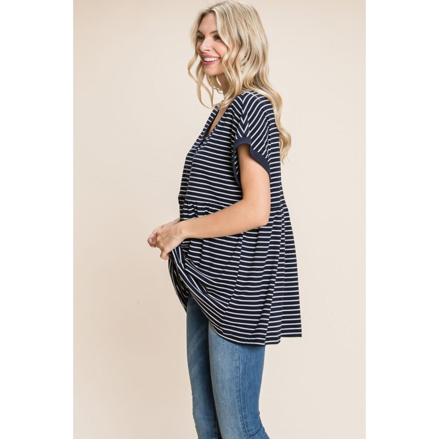 Cotton Bleu by Nu Label Striped Button Front Baby Doll Top Apparel and Accessories