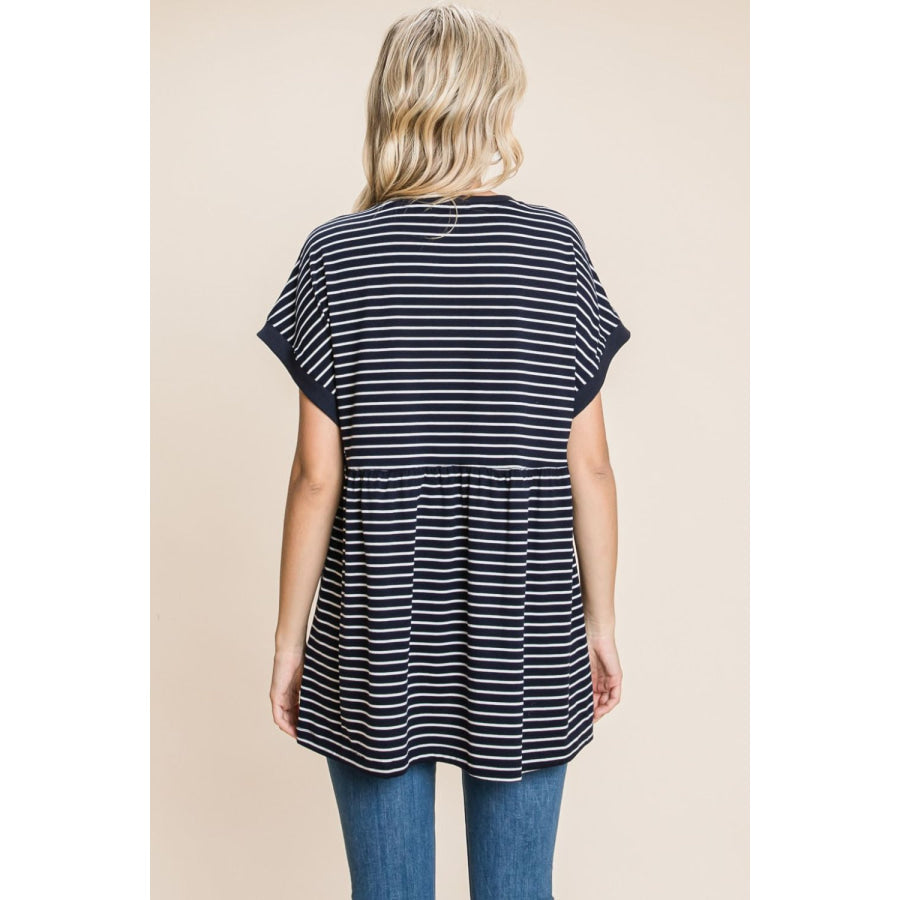 Cotton Bleu by Nu Label Striped Button Front Baby Doll Top Stripe / S Apparel and Accessories