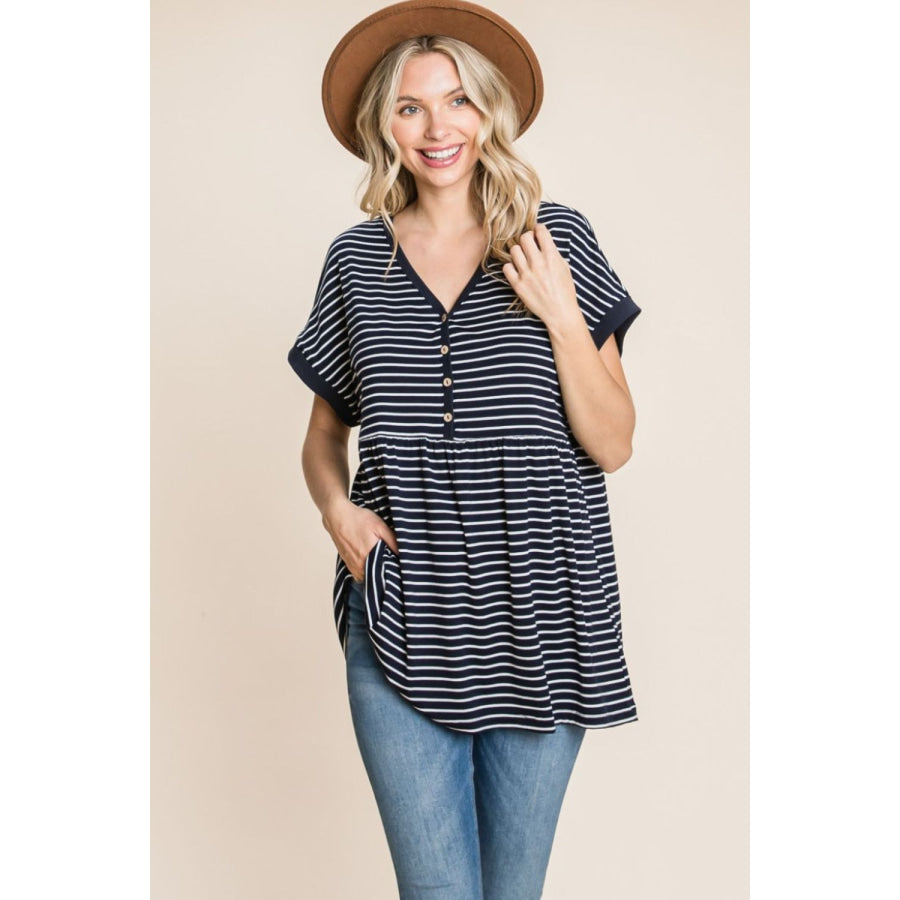 Cotton Bleu by Nu Label Striped Button Front Baby Doll Top Stripe / S Apparel and Accessories