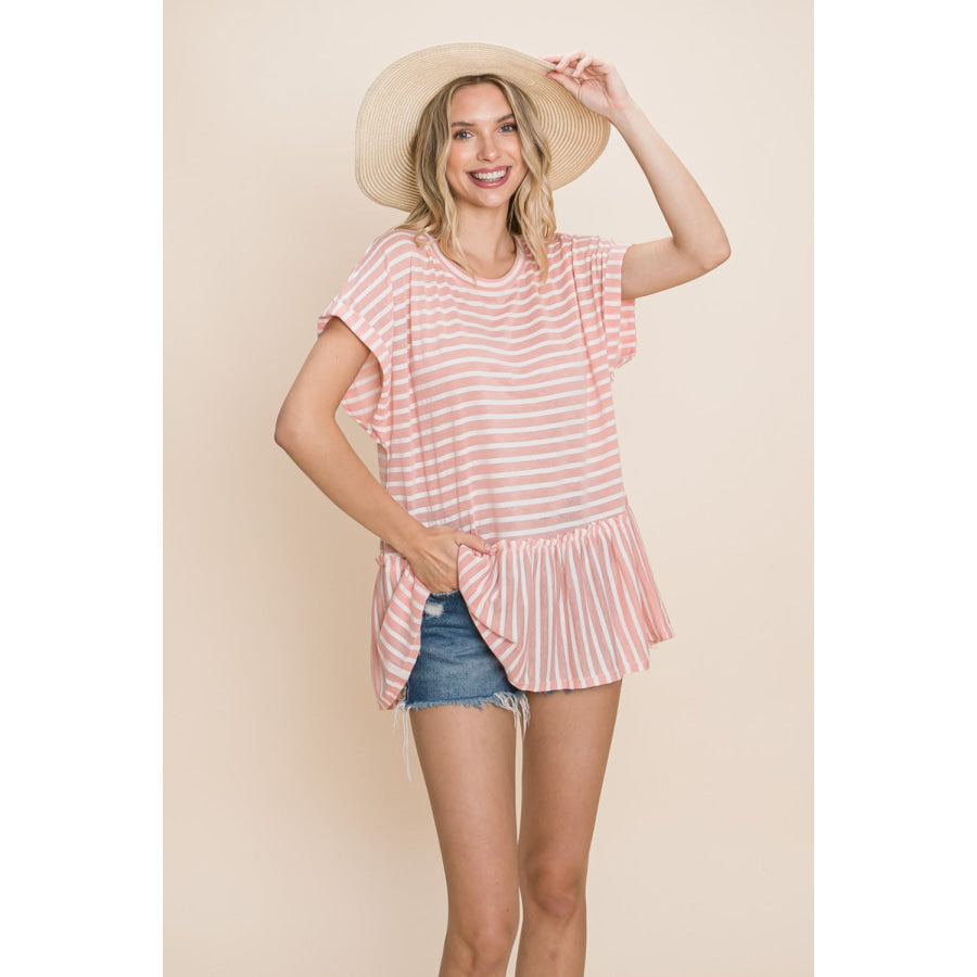 Cotton Bleu by Nu Label Striped Ruffled Short Sleeve Top Apparel and Accessories