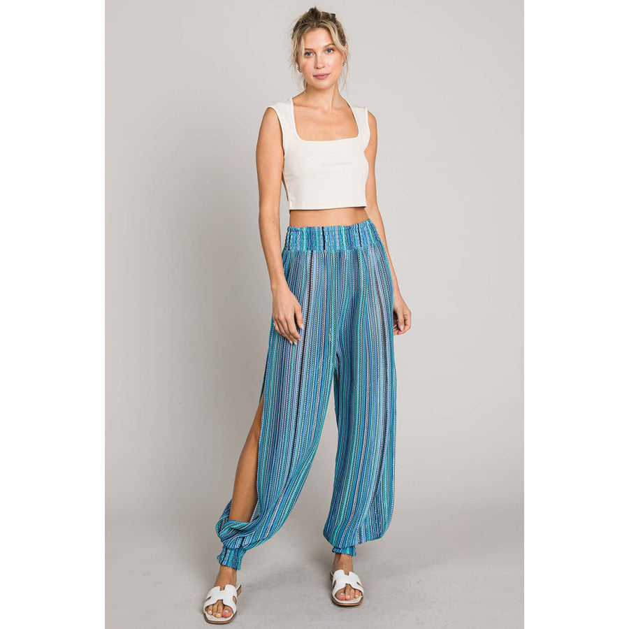 Cotton Bleu by Nu Label Striped Smocked Cover Up Pants Aqua / S Apparel and Accessories