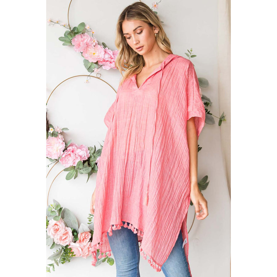 Cotton Bleu by Nu Label Tassel Hem Hooded Cover Up Light Coral / S Apparel and Accessories