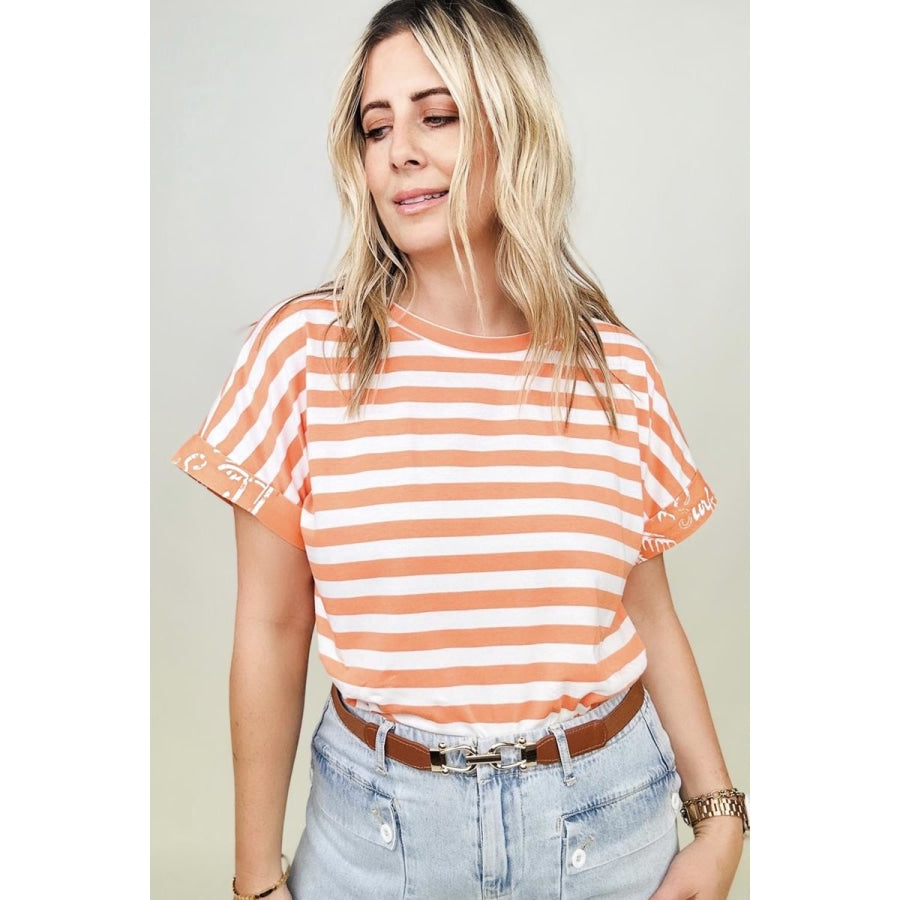 Cotton Bleu Striped Oversized Top With Contrast Cuffed Sleeve Orange / S T-shirts