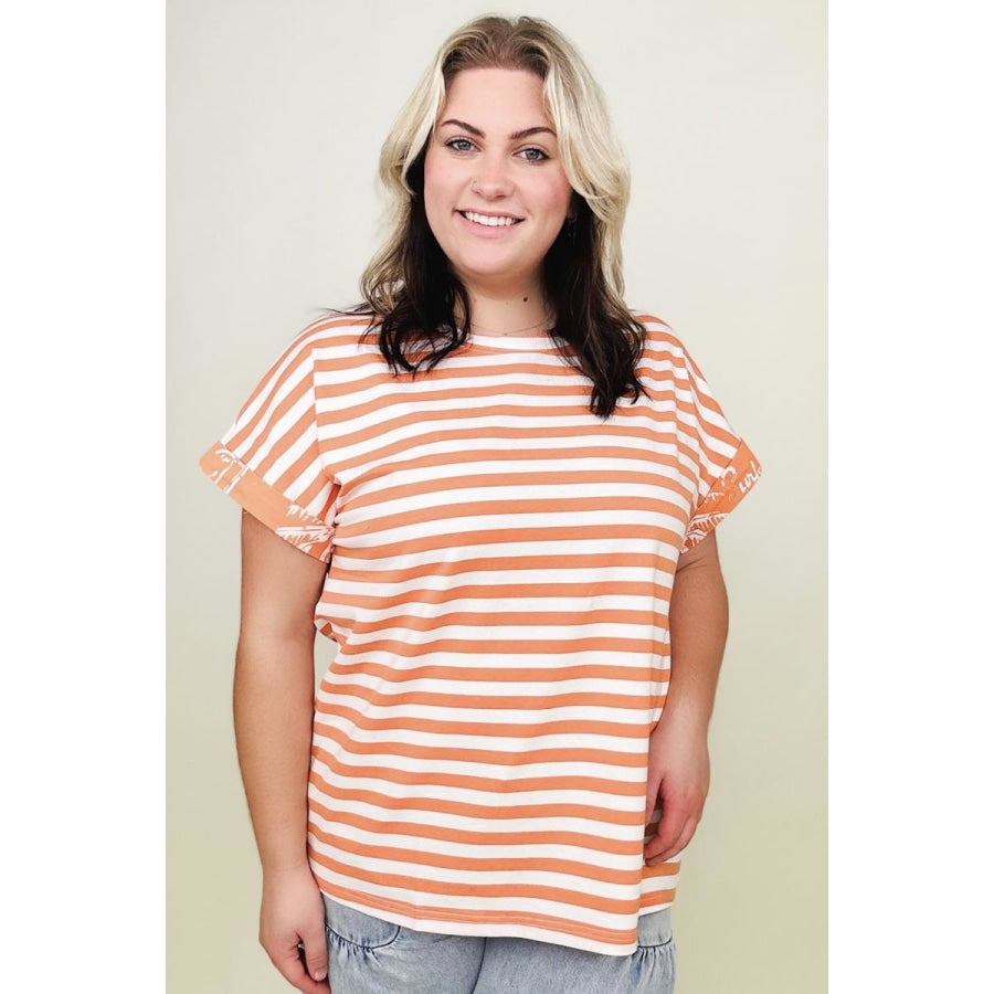 Cotton Bleu Striped Oversized Top With Contrast Cuffed Sleeve Orange / XL T-shirts