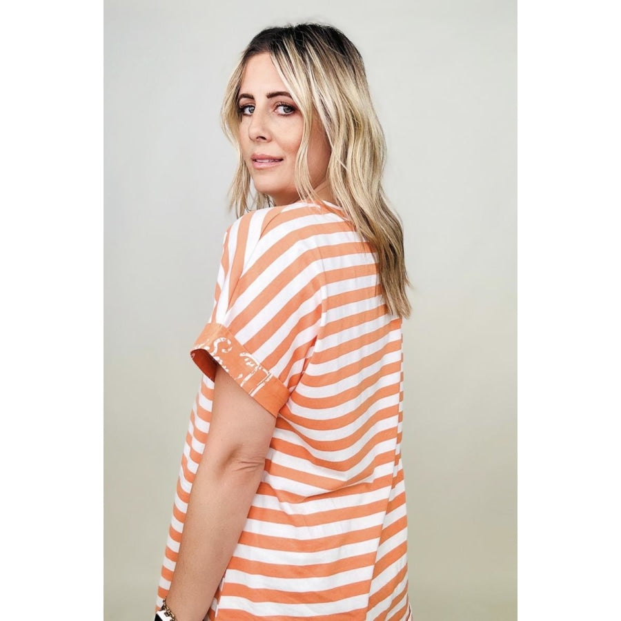 Cotton Bleu Striped Oversized Top With Contrast Cuffed Sleeve T-shirts