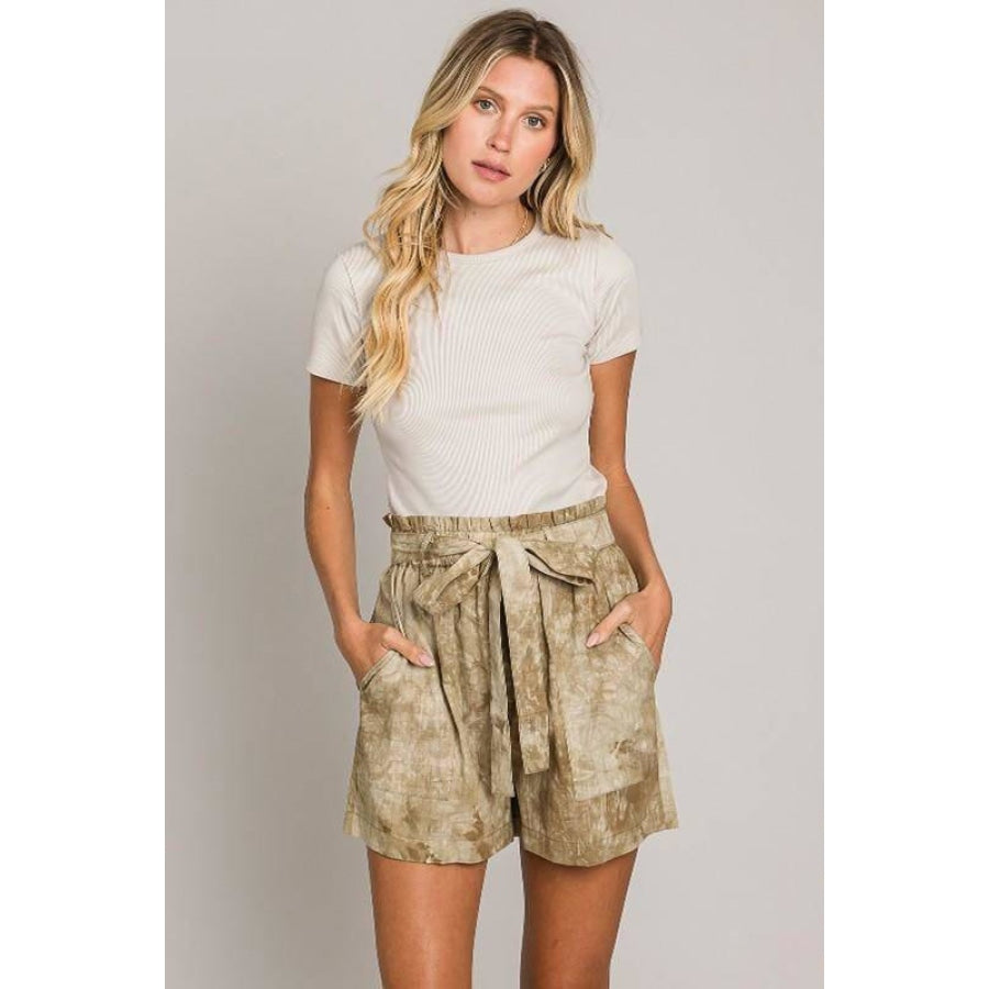 Cotton Bleu Tie Dye Printed Casual Shorts With Belt Olive / S Shorts