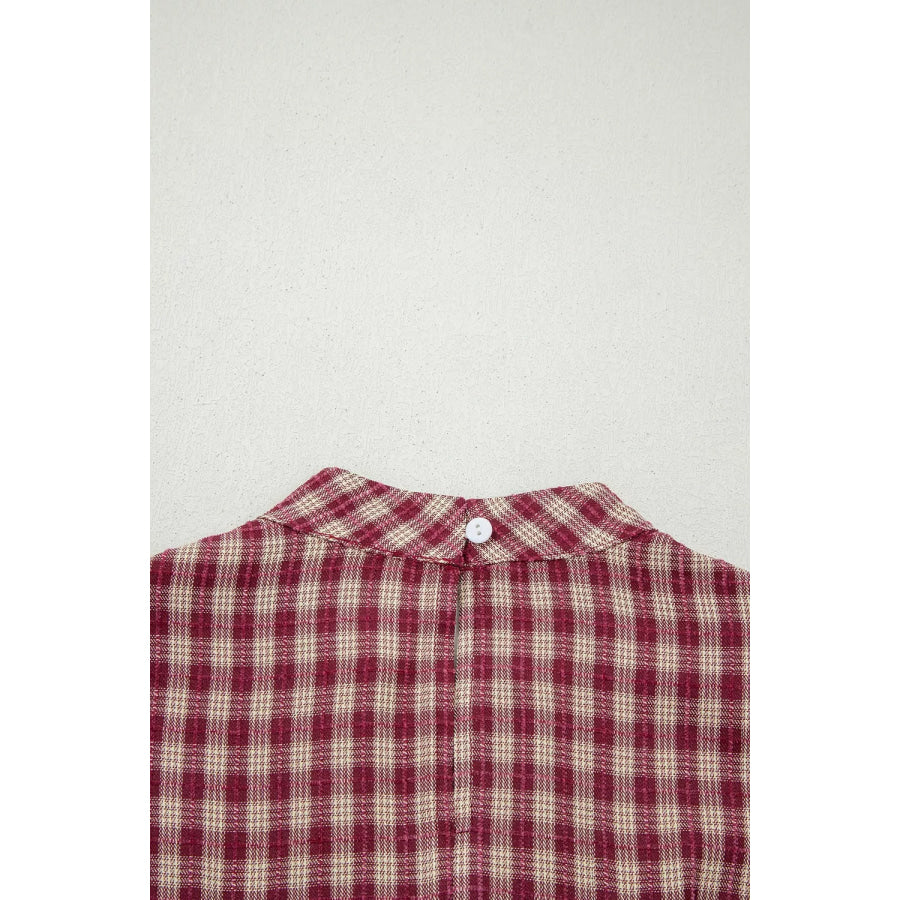 Country Plaid Long Sleeve Button Keyhole Pleated Loose Blouse Apparel and Accessories