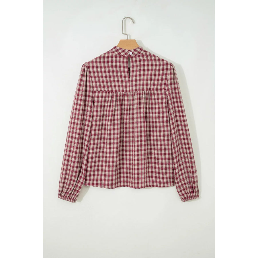Country Plaid Long Sleeve Button Keyhole Pleated Loose Blouse Apparel and Accessories