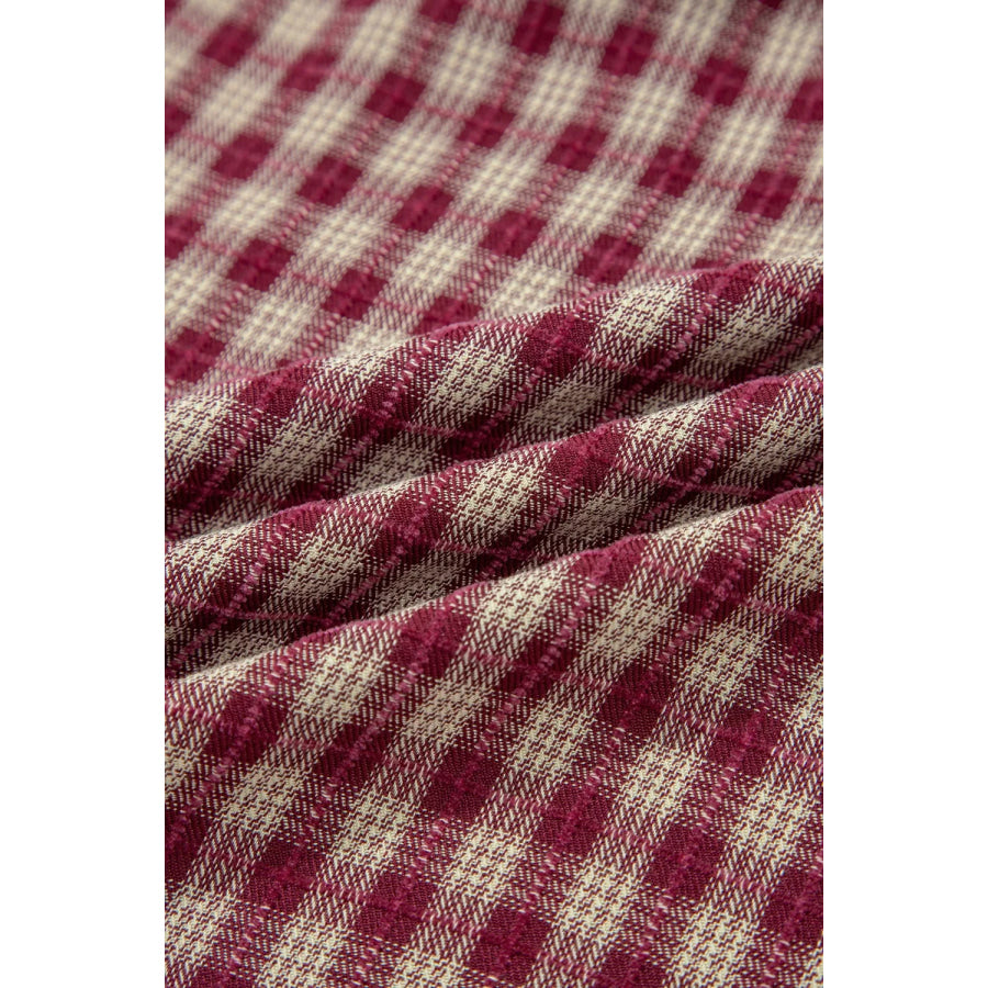Country Plaid Long Sleeve Button Keyhole Pleated Loose Blouse Apparel and Accessories