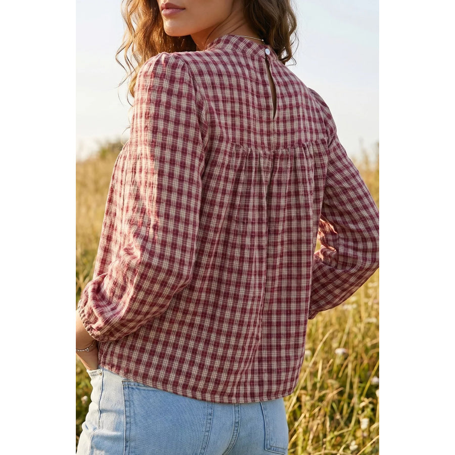 Country Plaid Long Sleeve Button Keyhole Pleated Loose Blouse Apparel and Accessories