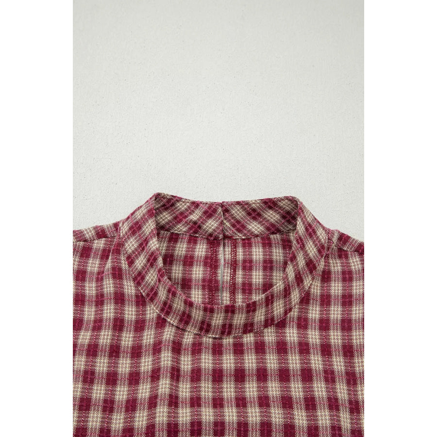 Country Plaid Long Sleeve Button Keyhole Pleated Loose Blouse Apparel and Accessories