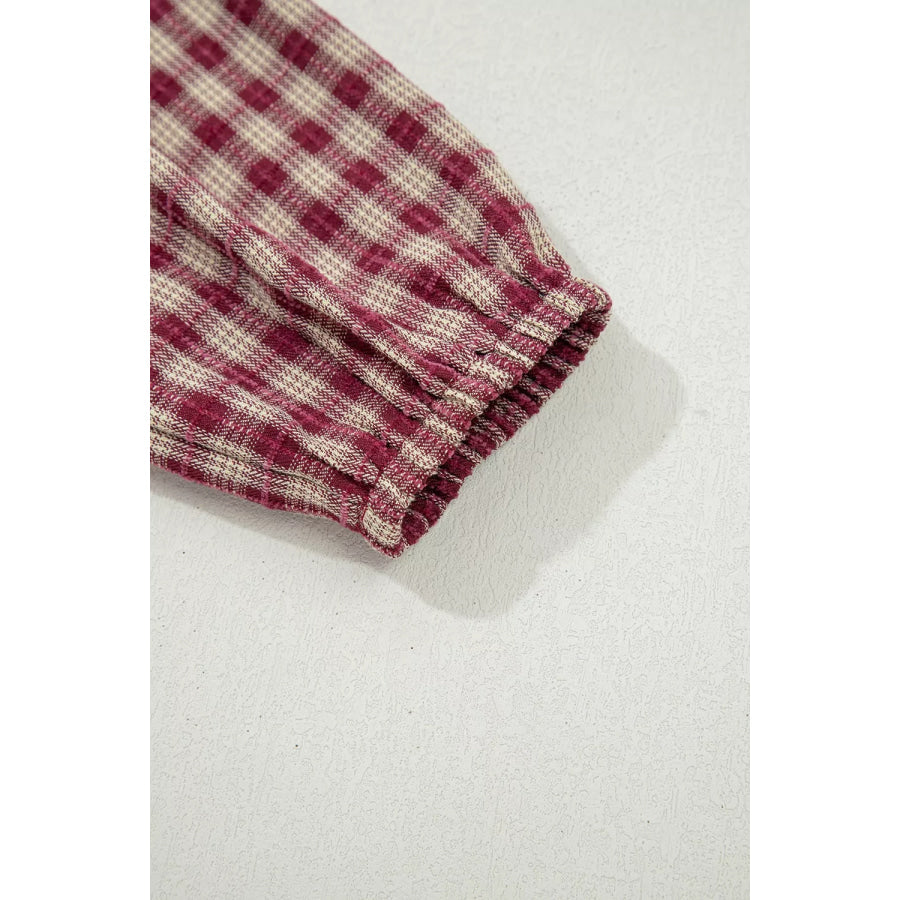 Country Plaid Long Sleeve Button Keyhole Pleated Loose Blouse Apparel and Accessories