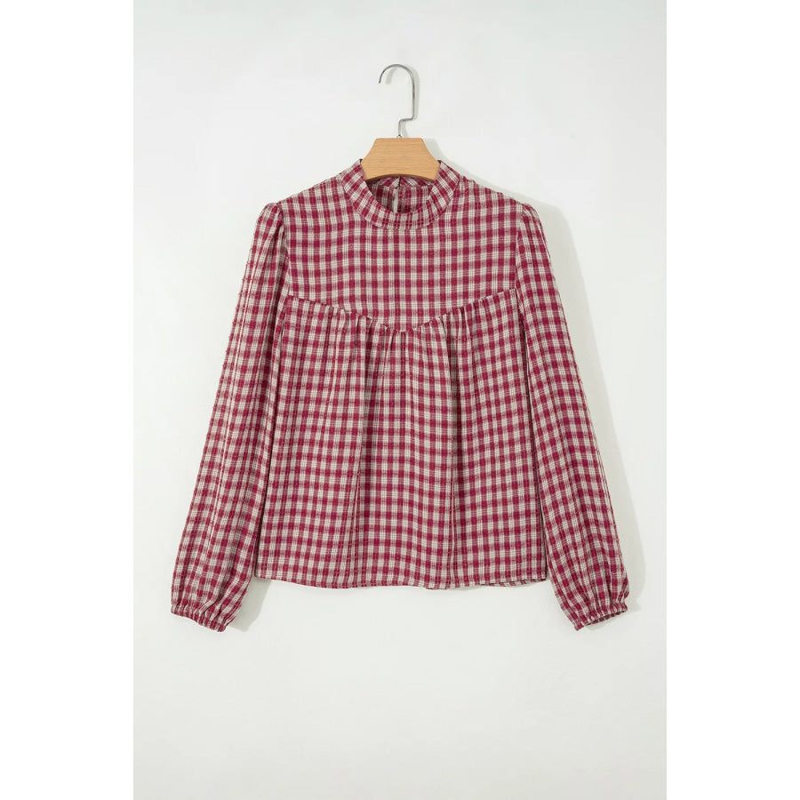 Country Plaid Long Sleeve Button Keyhole Pleated Loose Blouse Apparel and Accessories
