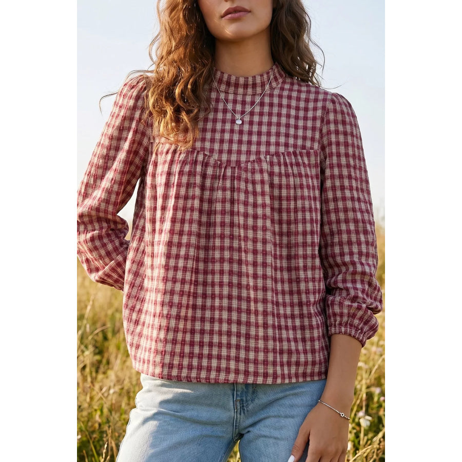 Country Plaid Long Sleeve Button Keyhole Pleated Loose Blouse Dusty Pink / S Apparel and Accessories