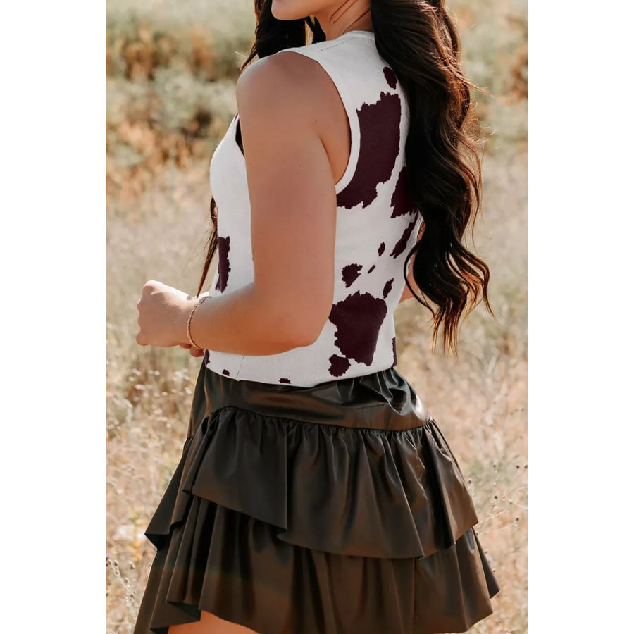Cow Print Button-Down Sweater Vest Apparel and Accessories