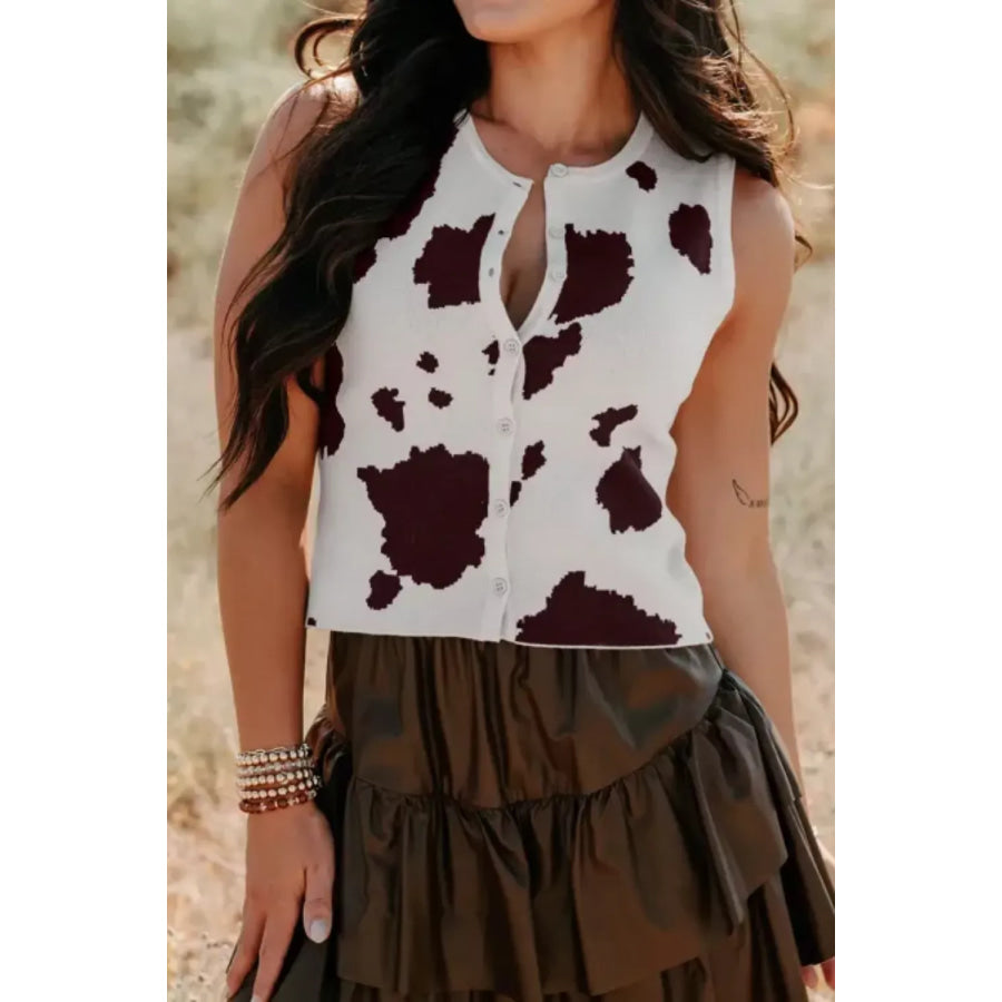 Cow Print Button-Down Sweater Vest White / S Apparel and Accessories