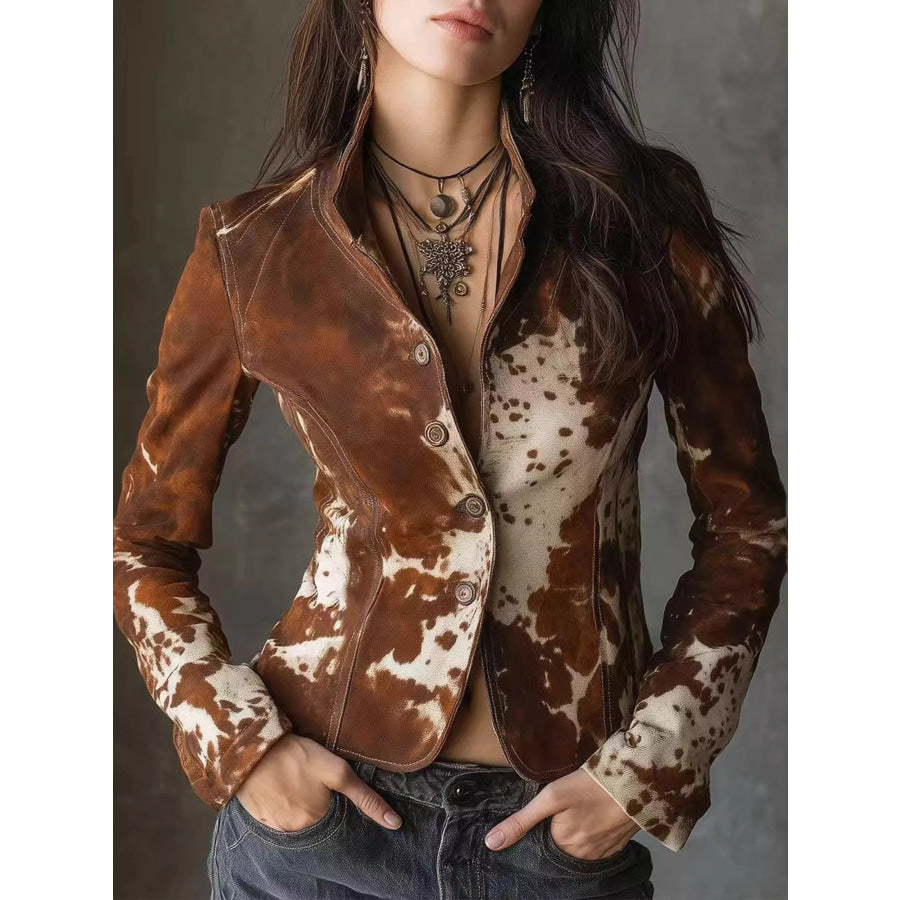 Cow Print Button Up Blazer Dark Brown / S Apparel and Accessories