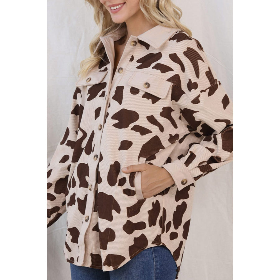 Cow Print Button Up Corduroy Shacket Apparel and Accessories