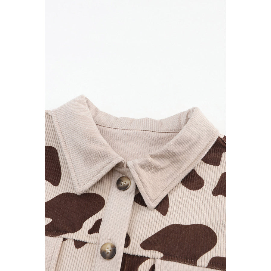 Cow Print Button Up Corduroy Shacket Apparel and Accessories