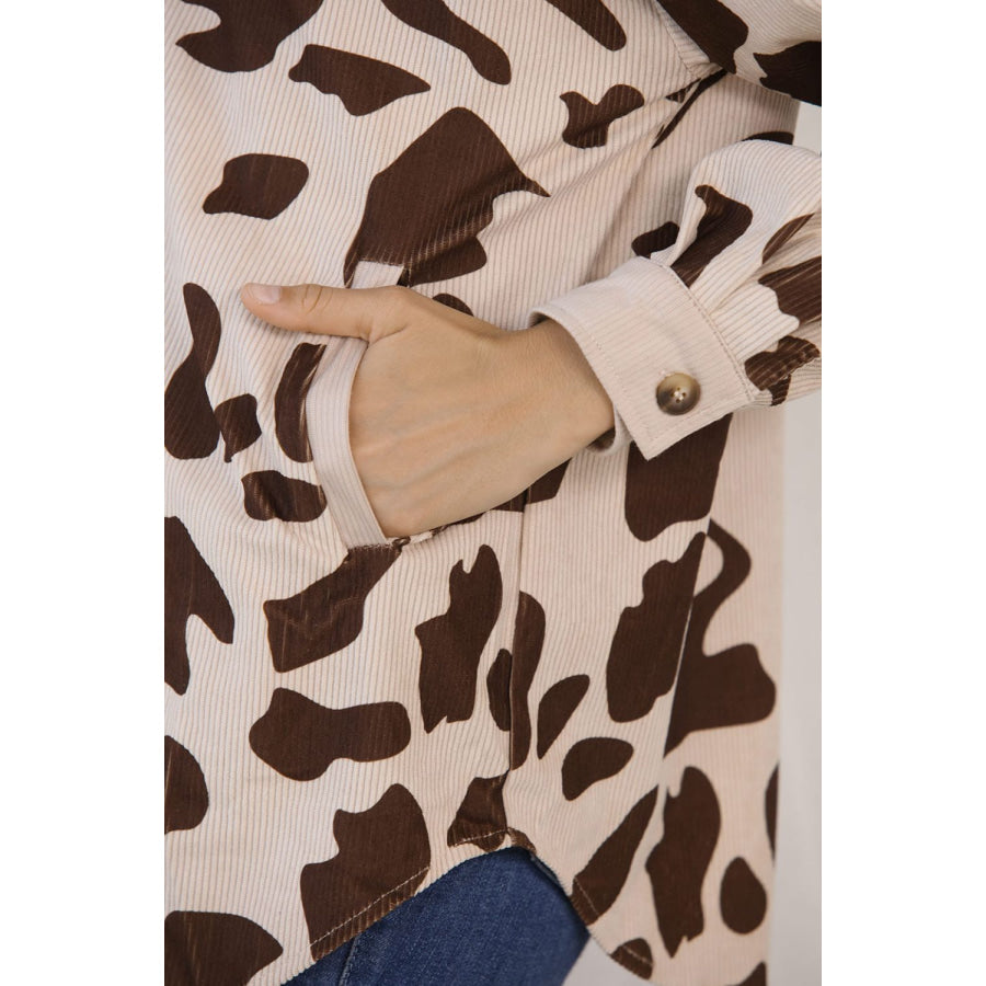 Cow Print Button Up Corduroy Shacket Apparel and Accessories