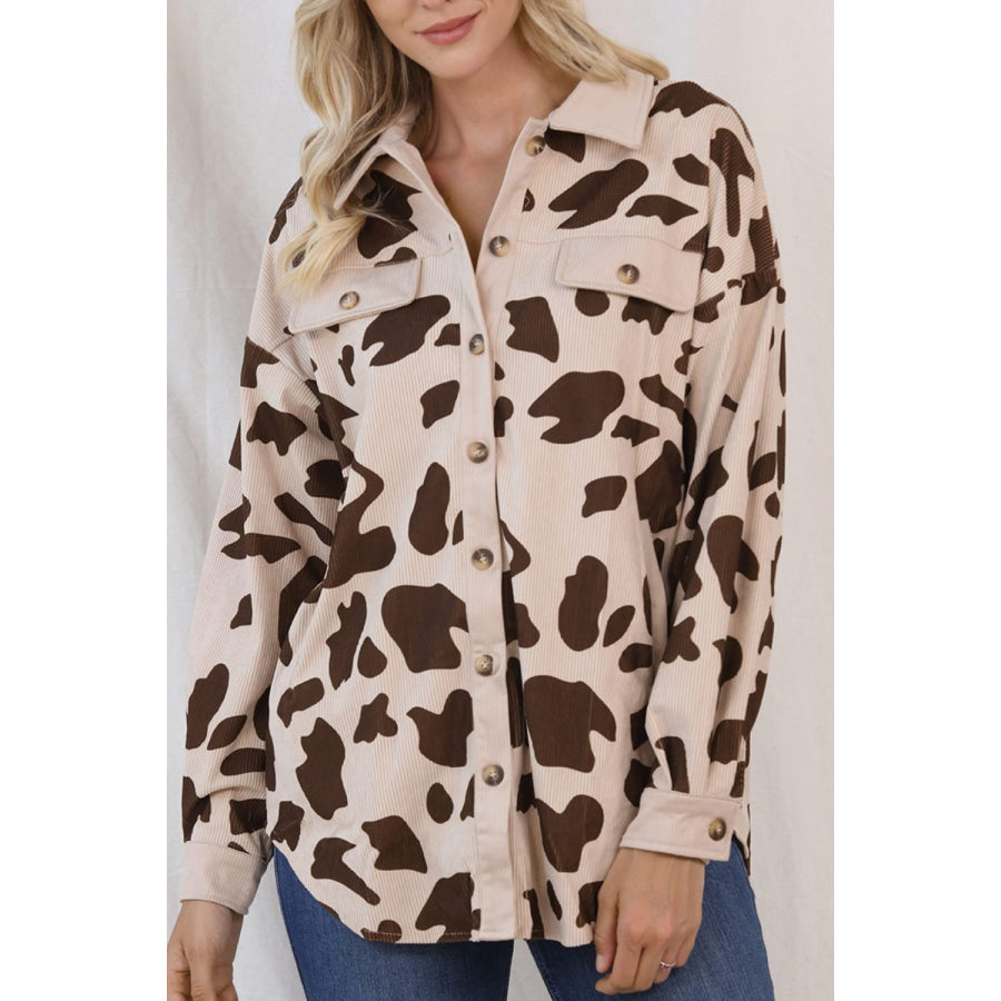 Cow Print Button Up Corduroy Shacket Apparel and Accessories