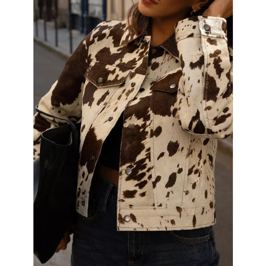 Cow Print Button Up Jacket Coffee Brown / S Apparel and Accessories