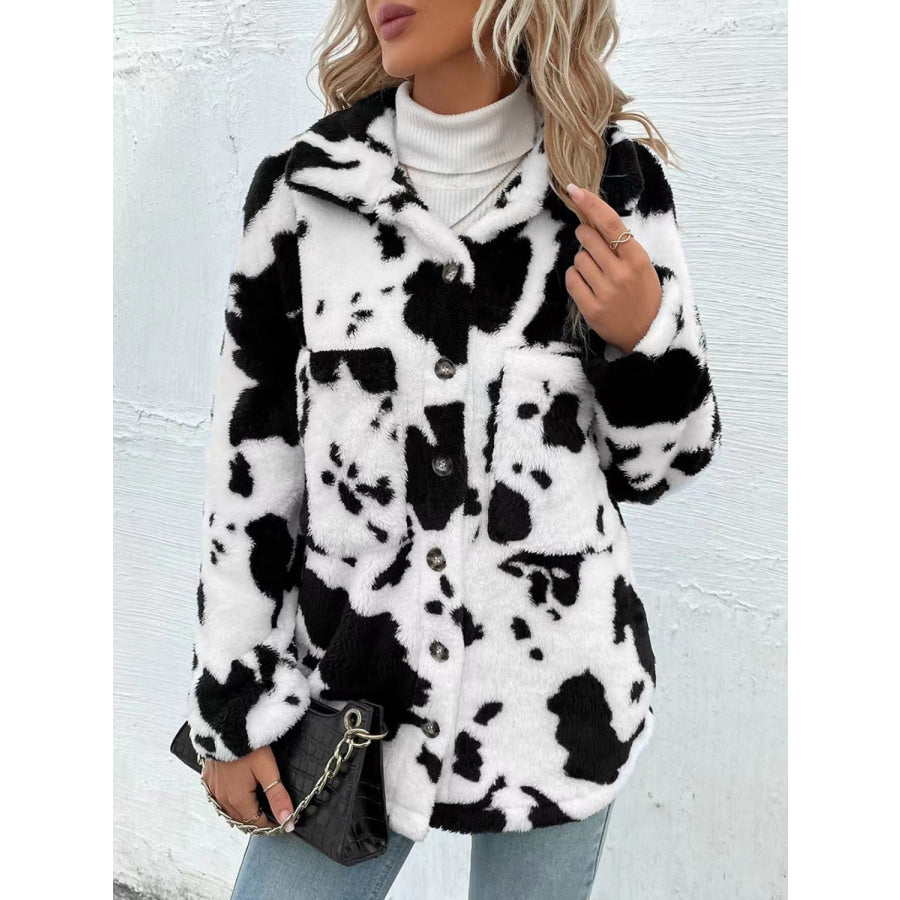 Cow Print Collared Neck Button Up Fuzzy Jacket Apparel and Accessories